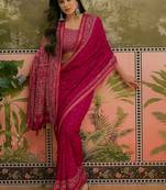 Pink mul cotton ajrakh print sequence work saree