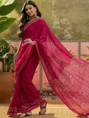 Pink mul cotton ajrakh print sequence work saree 2