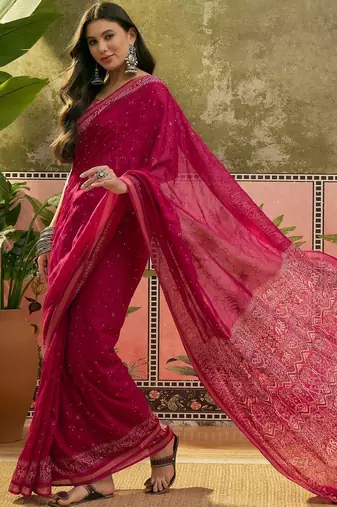 Pink mul cotton ajrakh print sequence work saree