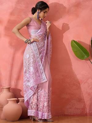 Lavender floral embroidered net saree with blouse piece 1