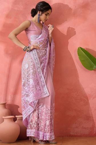 Lavender floral embroidered net saree with blouse piece