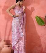 Lavender floral embroidered net saree with blouse piece