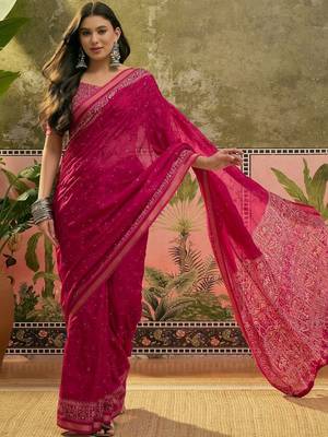Pink mul cotton ajrakh print sequence work saree 3