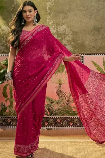 Pink mul cotton ajrakh print sequence work saree