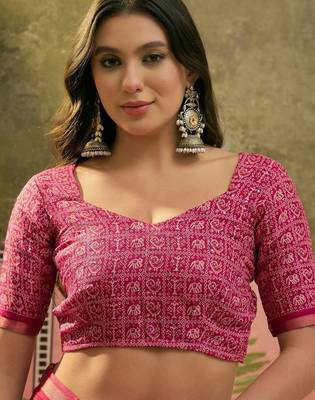 Pink mul cotton ajrakh print sequence work saree 4