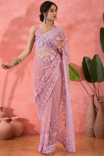 Lavender floral embroidered net saree with blouse piece