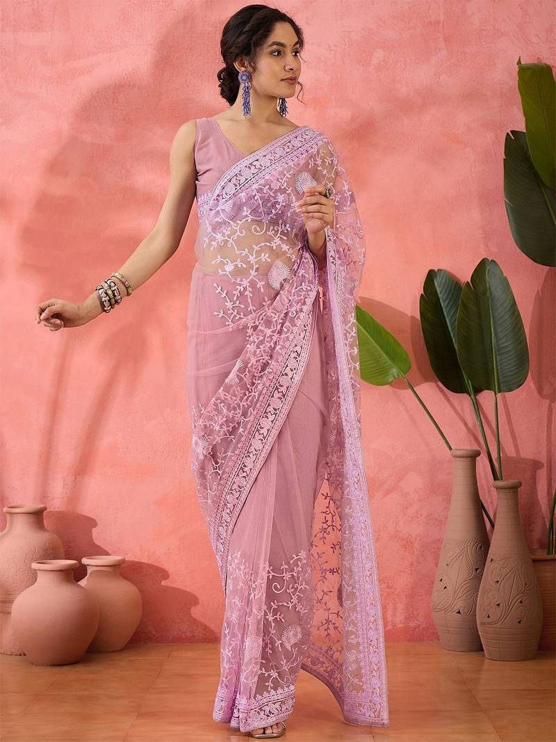 Lavender floral embroidered net saree with blouse piece