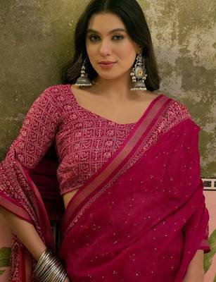 Pink mul cotton ajrakh print sequence work saree 5