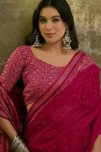 Pink mul cotton ajrakh print sequence work saree