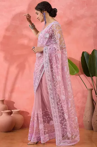 Lavender floral embroidered net saree with blouse piece