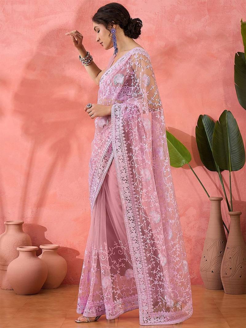 Lavender floral embroidered net saree with blouse piece
