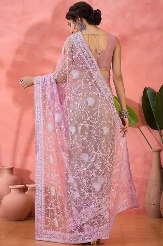 Lavender floral embroidered net saree with blouse piece