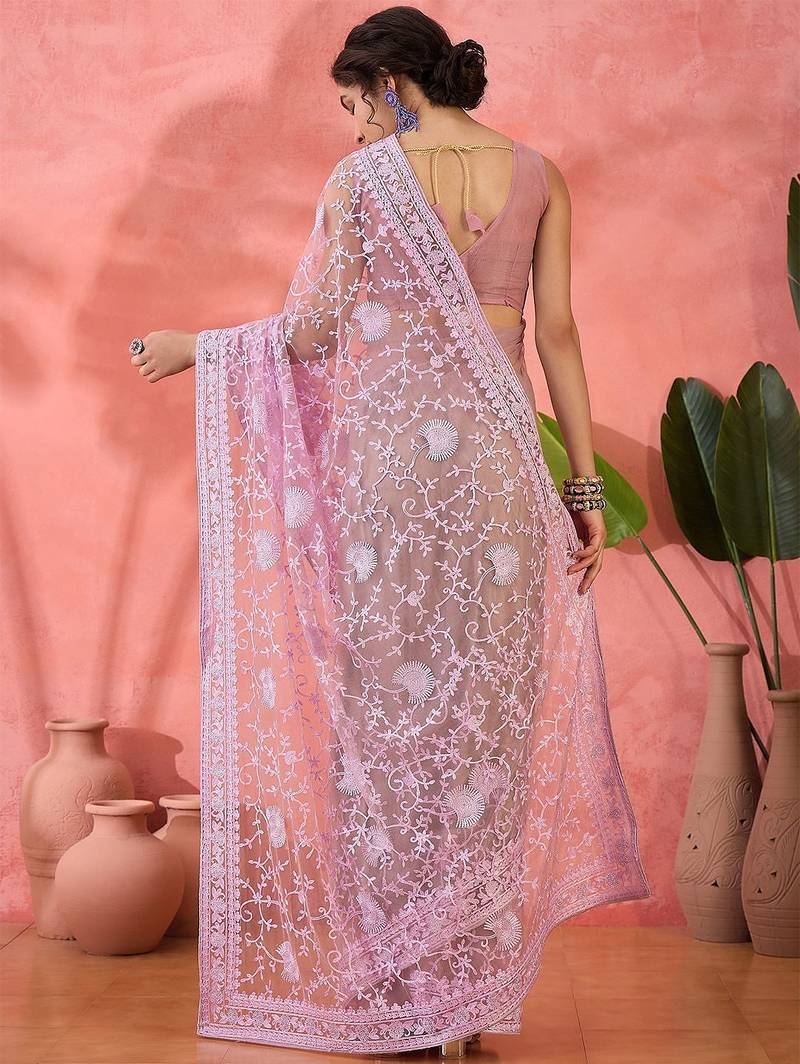 Lavender floral embroidered net saree with blouse piece