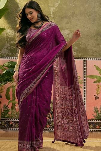 Purple women mul cotton ajrakh print sequins work saree with matching blouse piece