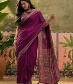 Purple women mul cotton ajrakh print sequins work saree with matching blouse piece