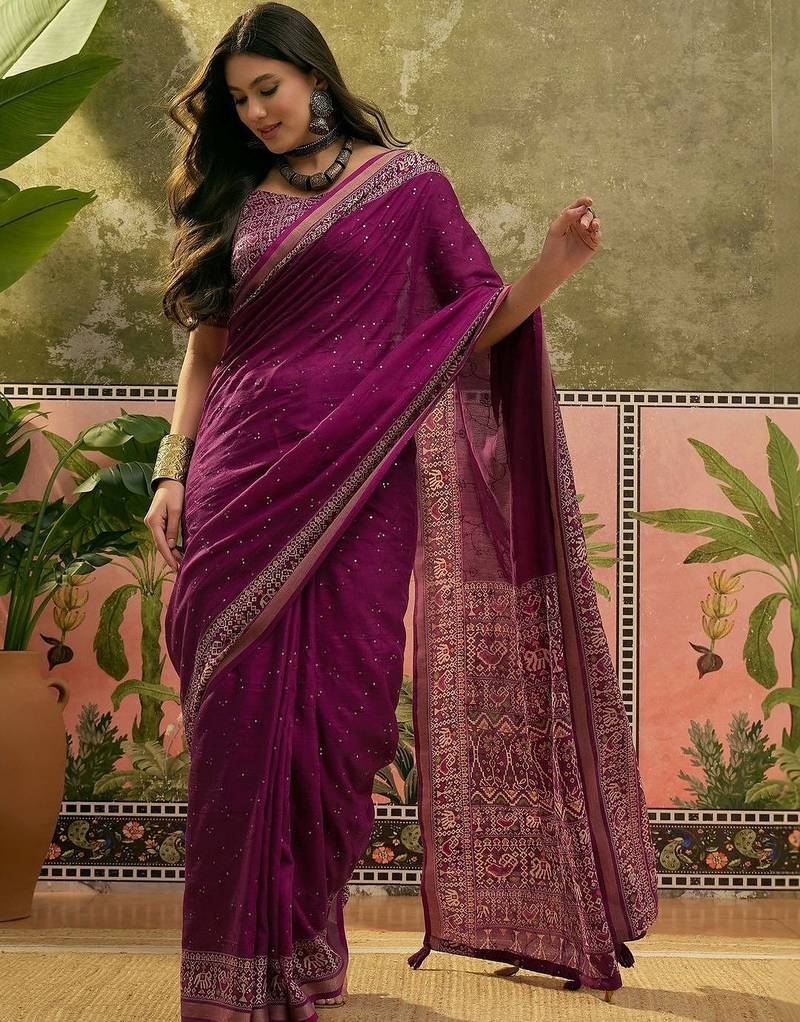Purple women mul cotton ajrakh print sequins work saree with matching blouse piece