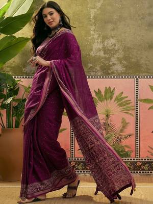 Purple women mul cotton ajrakh print sequins work saree with matching blouse piece 2