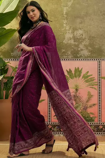 Purple women mul cotton ajrakh print sequins work saree with matching blouse piece