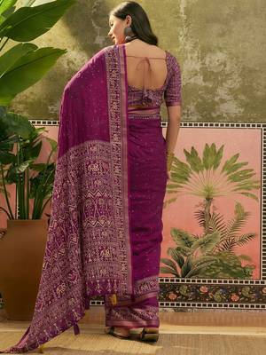 Purple women mul cotton ajrakh print sequins work saree with matching blouse piece 3