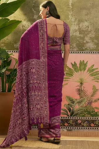 Purple women mul cotton ajrakh print sequins work saree with matching blouse piece