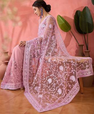 Lavender floral embroidered net saree with blouse piece 5