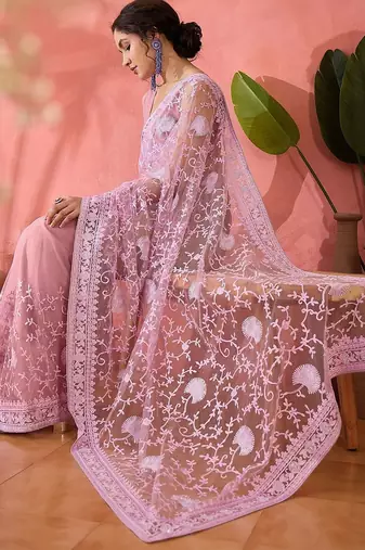 Lavender floral embroidered net saree with blouse piece