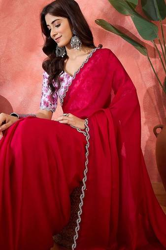 Rust embellished banarasi saree with blouse piece