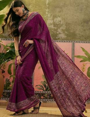Purple women mul cotton ajrakh print sequins work saree with matching blouse piece 4