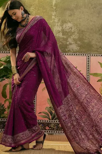 Purple women mul cotton ajrakh print sequins work saree with matching blouse piece
