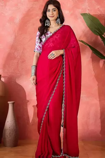 Rust embellished banarasi saree with blouse piece