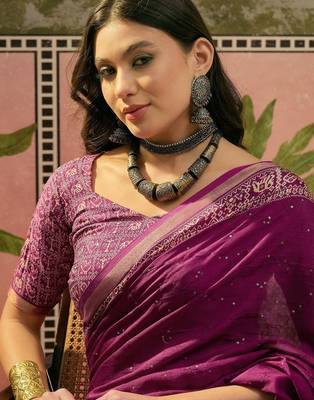 Purple women mul cotton ajrakh print sequins work saree with matching blouse piece 5