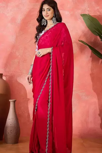 Rust embellished banarasi saree with blouse piece