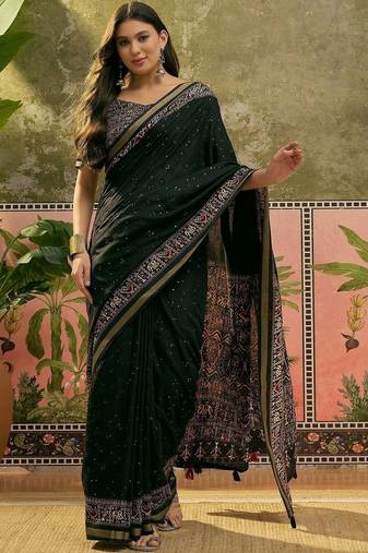 Black ajrak block zari designer saree