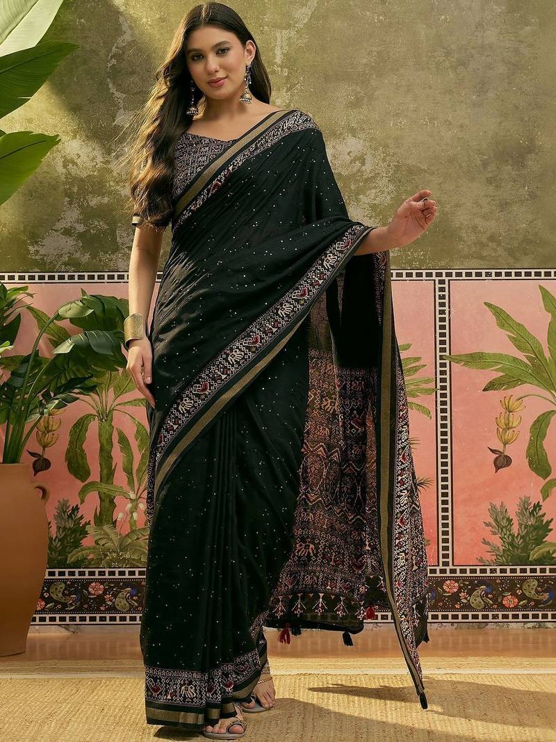 Black ajrak block zari designer saree