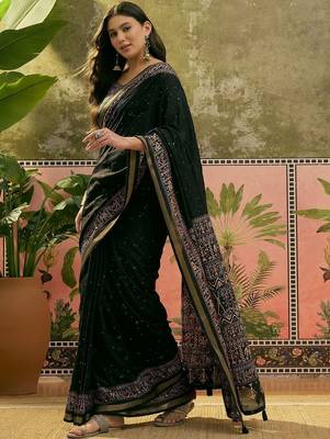 Black ajrak block zari designer saree 2