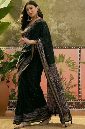 Black ajrak block zari designer saree