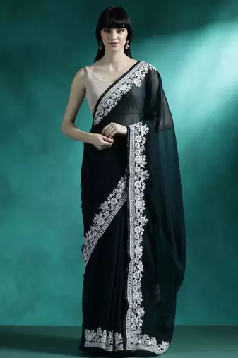 Teal solid saree with blouse piece