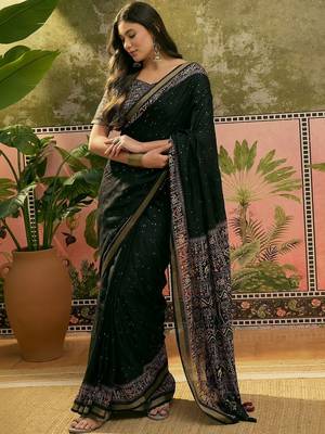 Black ajrak block zari designer saree 3