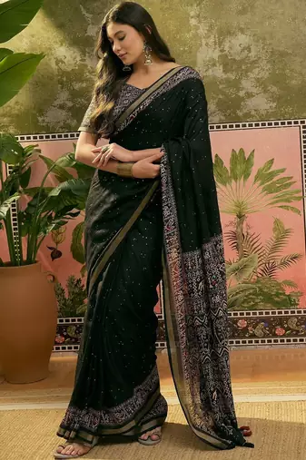 Black ajrak block zari designer saree
