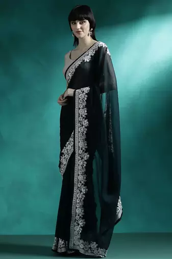 Teal solid saree with blouse piece