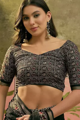 Black ajrak block zari designer saree