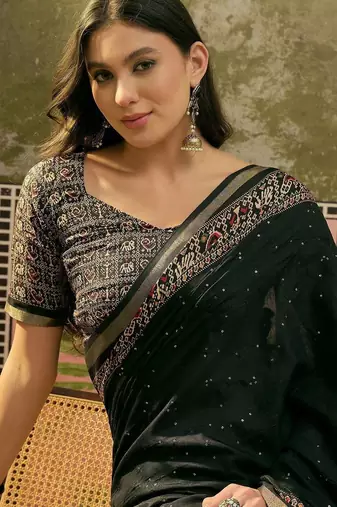 Black ajrak block zari designer saree