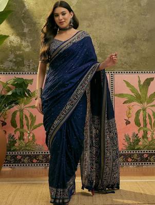 Navy blue ajrak printed sequinned saree 1