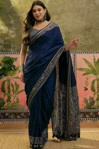 Navy blue ajrak printed sequinned saree