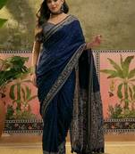 Navy blue ajrak printed sequinned saree