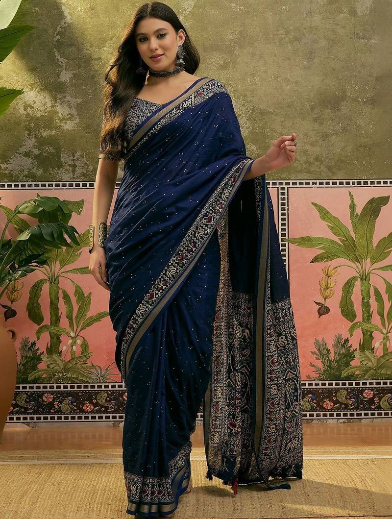 Navy blue ajrak printed sequinned saree