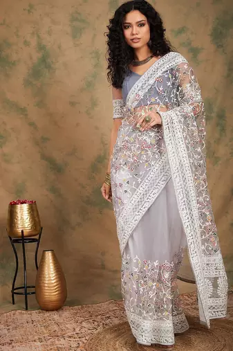 Grey floral embroidered net sarees