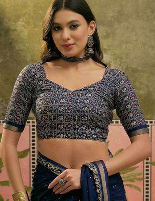 Navy blue ajrak printed sequinned saree 2