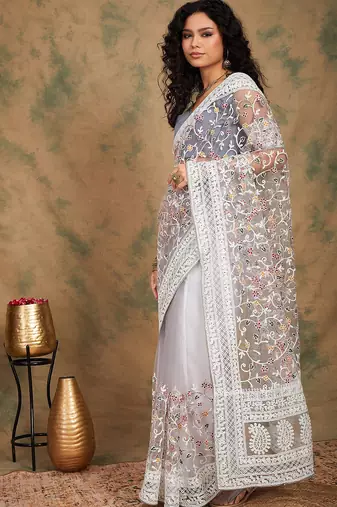 Grey floral embroidered net sarees