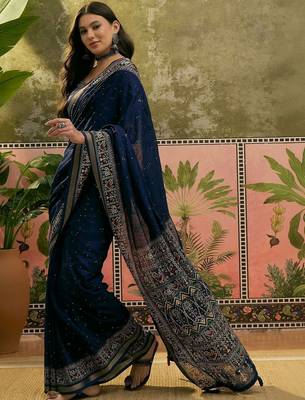 Navy blue ajrak printed sequinned saree 4